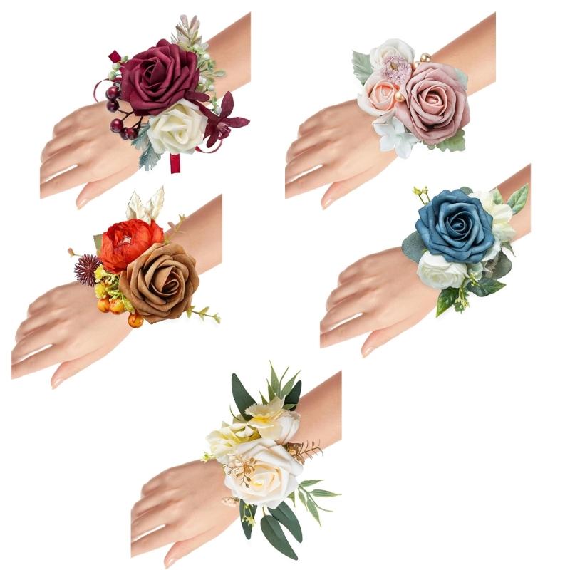 Elegant Wrist Flower For Bride Bridesmaid Fabric Artificial Rose Wrist Corsage Wedding Accessory Formal Event Decoration