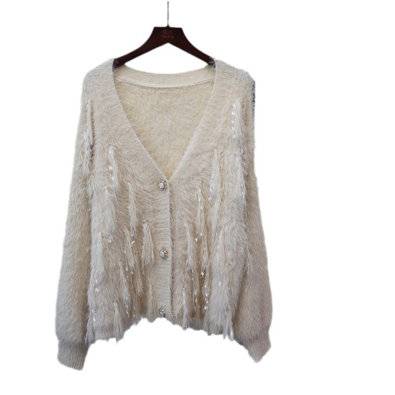 Quastendesign Imitation Nerz Samt Strickjacke Herbst und Winter neu weich wachsig locker süße Pulloverjacke Damen