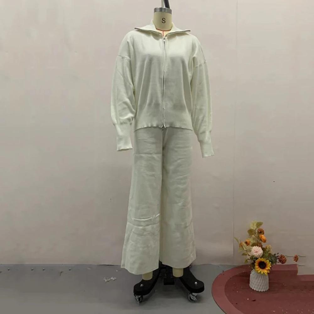 Lady Solid Tracksuit Casual Knitted Cardigan Pants Sets 2 Pieces for Women Stand Collar Zipper Coat Wide Leg Pants