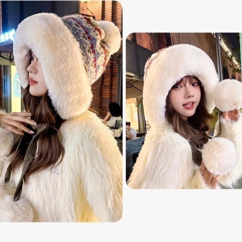 Warm Knitted Plush Hat Windproof Pullover Beanie Hat Casual Ear Protection Hat Skiing