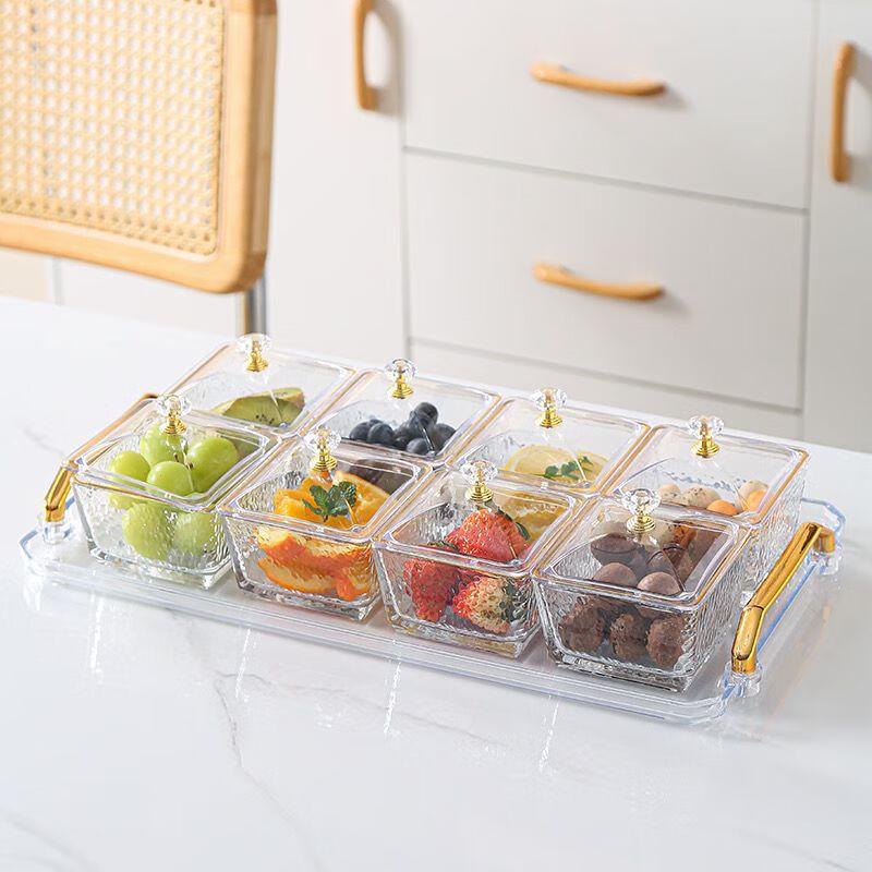 Square Glass 8-Compartment Snack Tray with Lid
