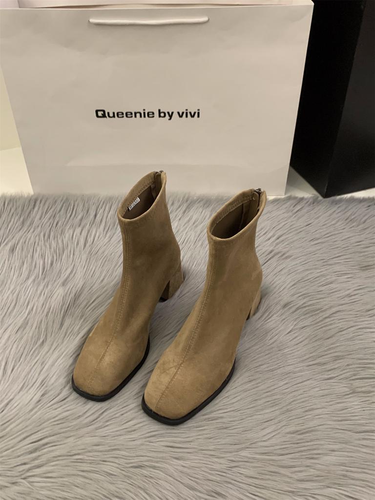 High Heel Square Head Skinny Short Boots Women's Shoes Korean Version Versatile 2025 Autumn and Winter Korean Small Ankle Boots Martin Boots