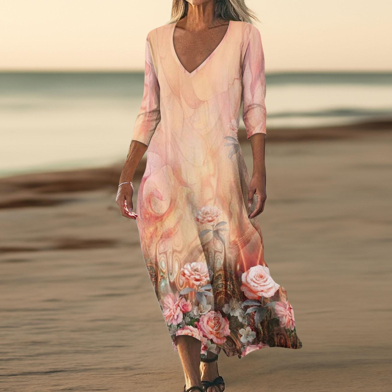 

Платья для женщин Винтажный принт Туника с завышенной талией Миди-платье Летнее повседневное Платье с рукавом 3/4 XXL оранжевый