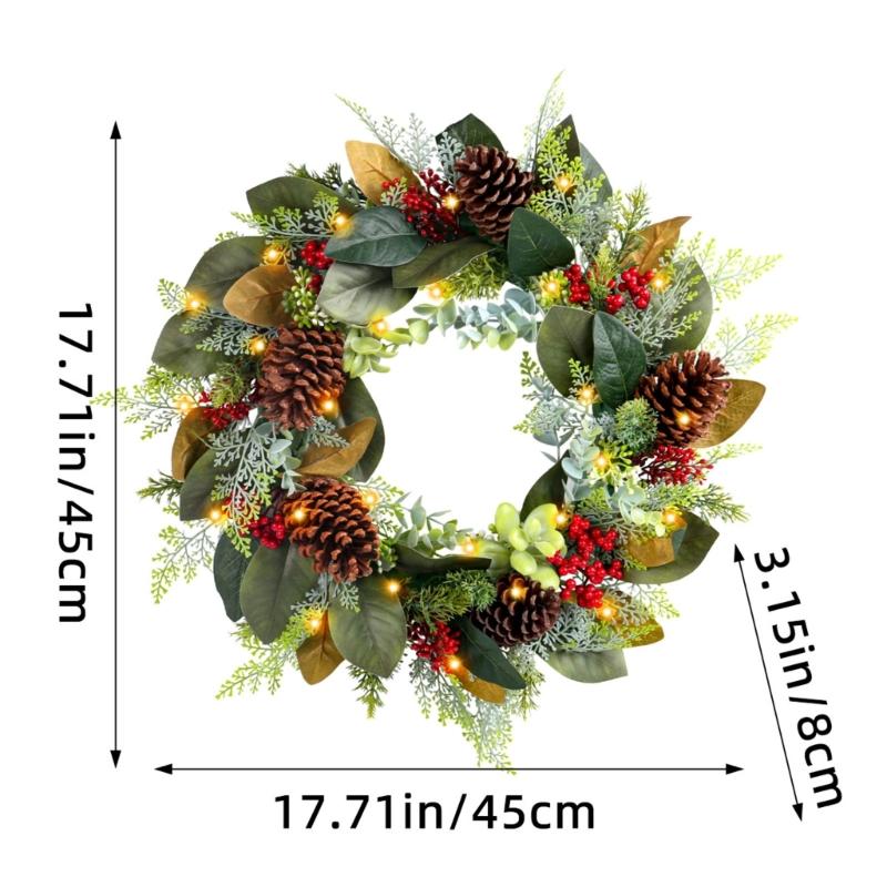 Artificial Wreath LED Light up Christmas Wreath with Pinecone for Front Door Window Yard Garden Christmas Decorations