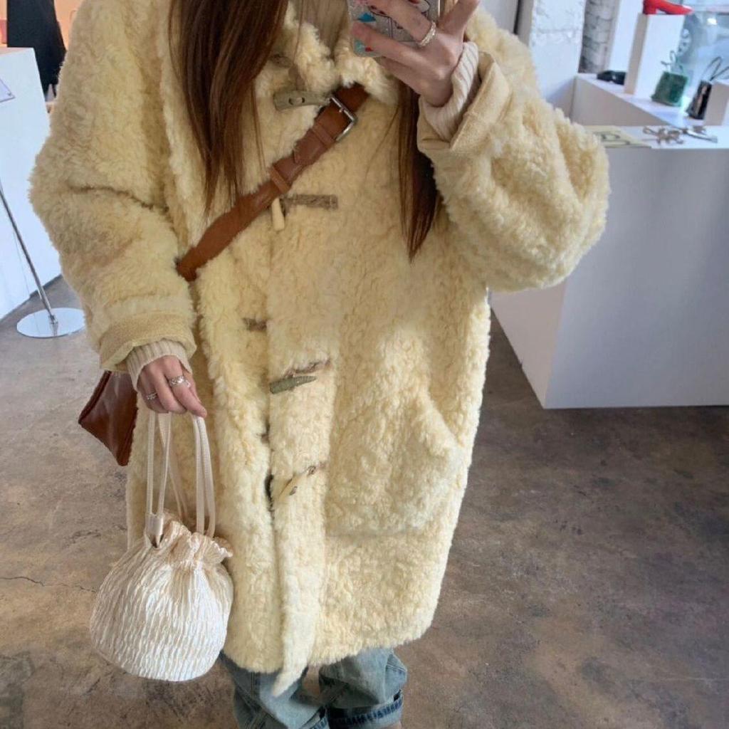 Korean Style Colorblock Faux Fur Toggle Coat for Women (Spring/Summer)