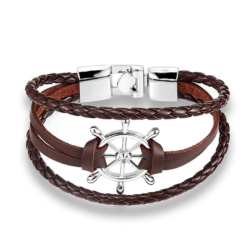 Fashion Retro Men's Ship Rudder Charm Bracelet Men's Multi Layer Leather Rope Chain Wrist Bracelet Ornaments Party Jewelry Gifts