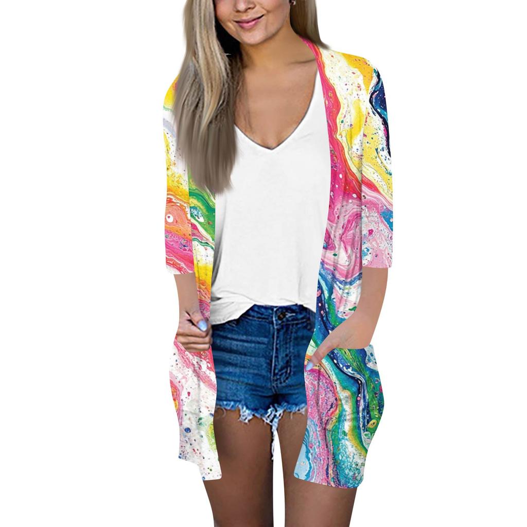 Damenmode Locker Lässig Tasche Bedruckt Strickjacke Siebenärmel Jacke Oberteil