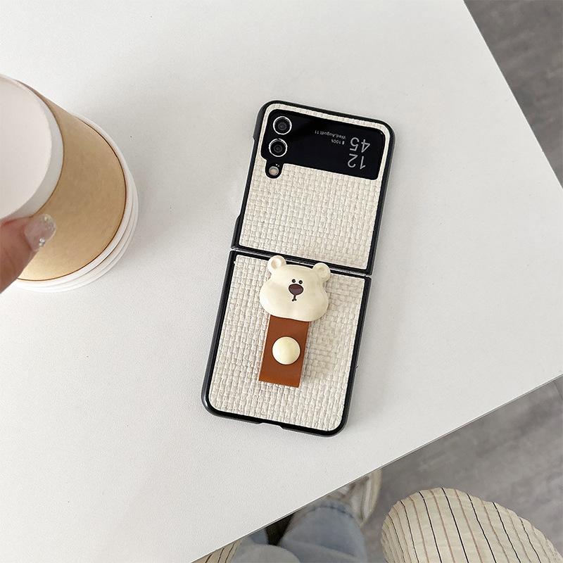 Bear Ring Buckle Mobile Phone Case for Samsung Zflip6 Folding Screen Flip Zflod Leather Case Pocket2 Light Luxury