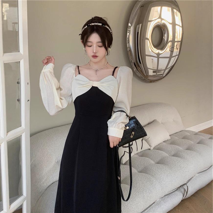 Large size early autumn temperament off-the-shoulder dress for women's new fat sister to cover her belly and show her thinness French Hepburn skirt