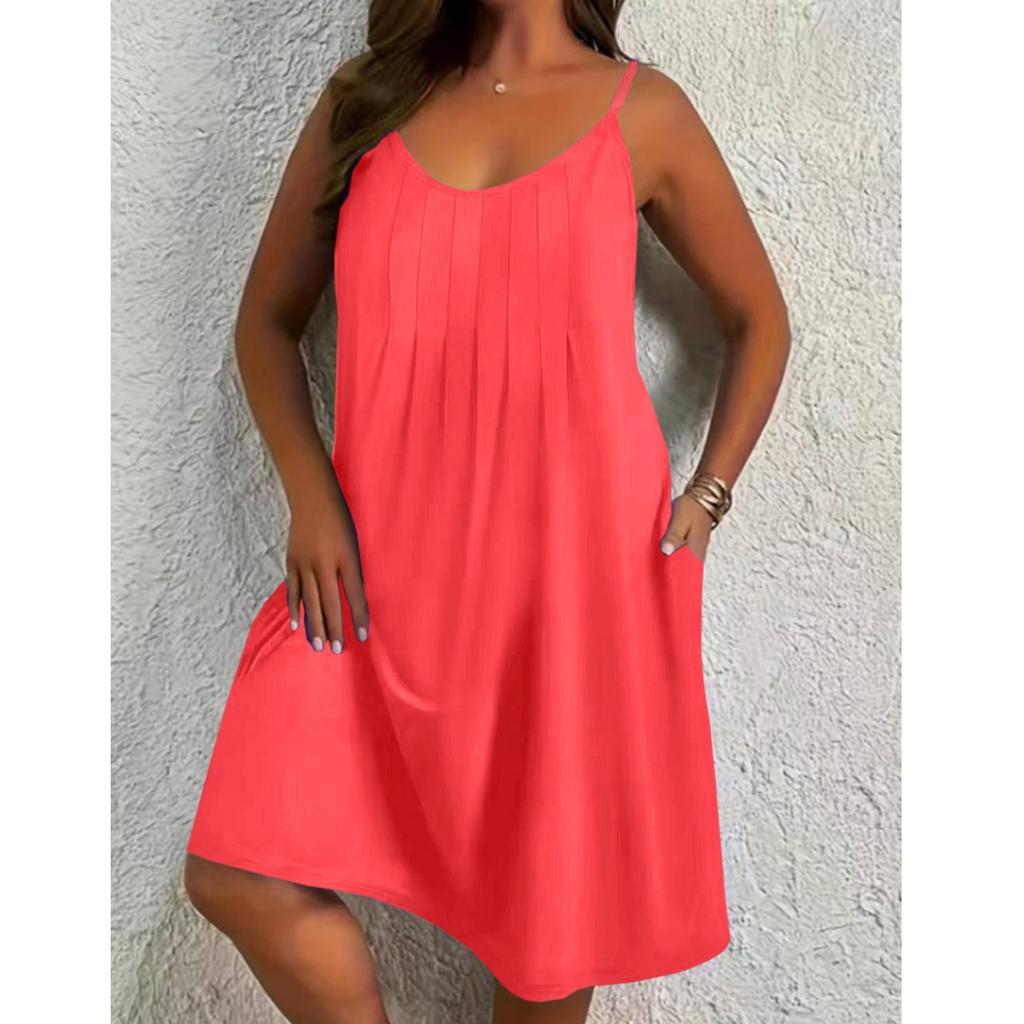 Women's Plus Size Casual Color Round Neck Sleeveless Pleated Camisole With Pocket Dress
