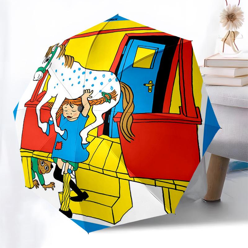 Pippi Longstocking Themed Travel Umbrella-8 Ribs Automatic Opening and Closing, Portable Folding Design, Compact and Stylish Umbrella Suitab