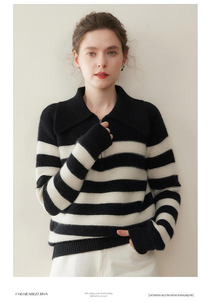 2025 Autumn-Winter Women's Cashmere High-Neck Striped Zipper Sweater