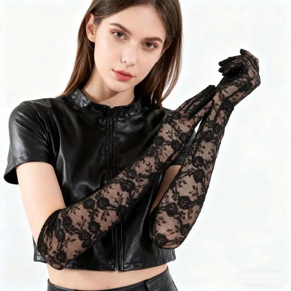 1Pairs Breathable Fishnet Gloves Floral Print Evening Mittens Kawaii Long Sexy Gloves JK Lolita