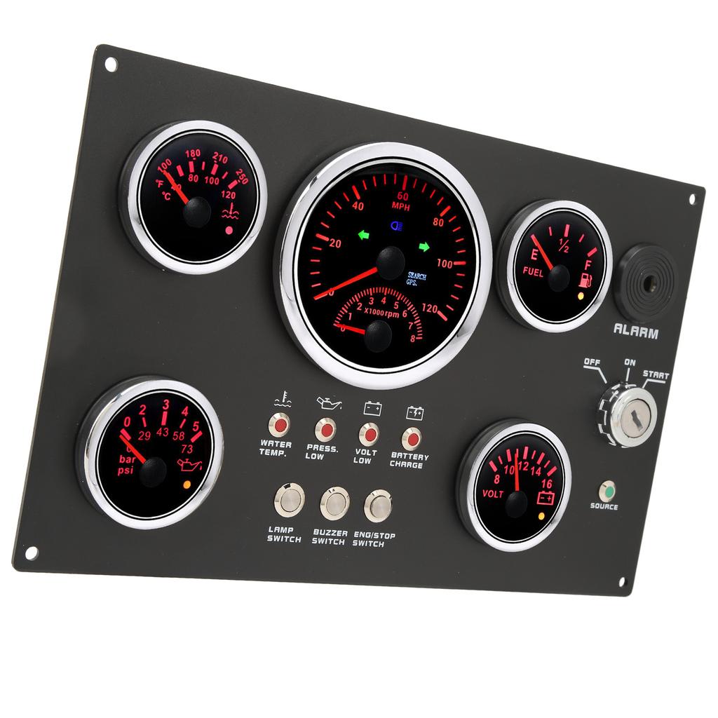 12V 5dílná sada přístrojů Přístrojová deska 0 až 120MPH 0 až 8000RPM Červená LED 0 až 5bar 0 až 73psi pro námořní loď auto
