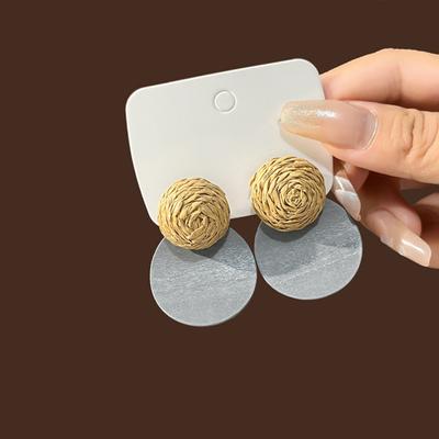 Yousheng 1 Pair Ear Studs Retro Rustic Simple Style Casual Artistic Wooden Hollow Ring Raffia Straw Splicing Women Earrings for Dating