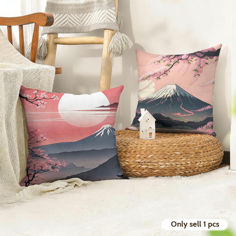 Japenes Mount Fuji Cushion Cover Natural Linen Organic Fabric Double-Sided Printing Sofa Home Decor Gift Pillow Case