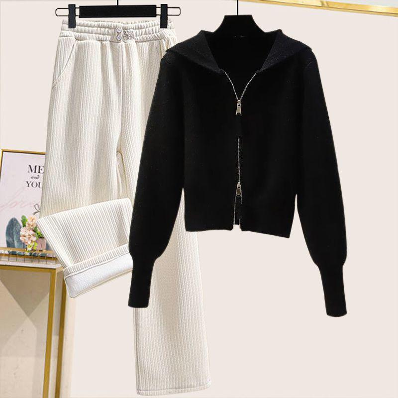 Sweet Autumn & Winter Women's Double Zipper Hooded Knitted Sweater Set