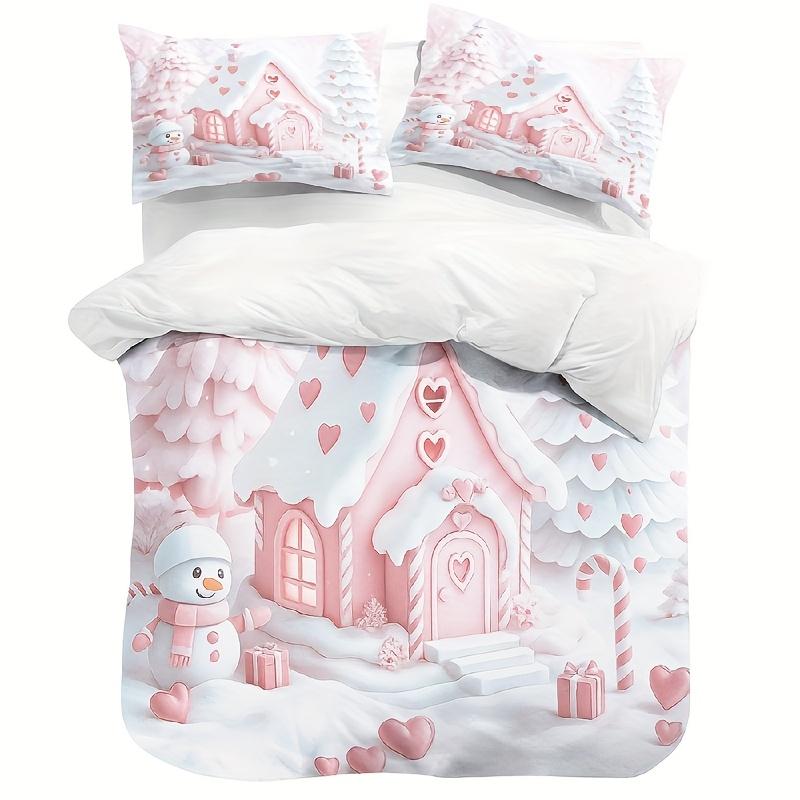 3 st julmönstrat lapptäcke set Rosa snögubbe sängkläder romantisk vinter pepparkakshus design mjuk sovrumsinredning hjärtmönster