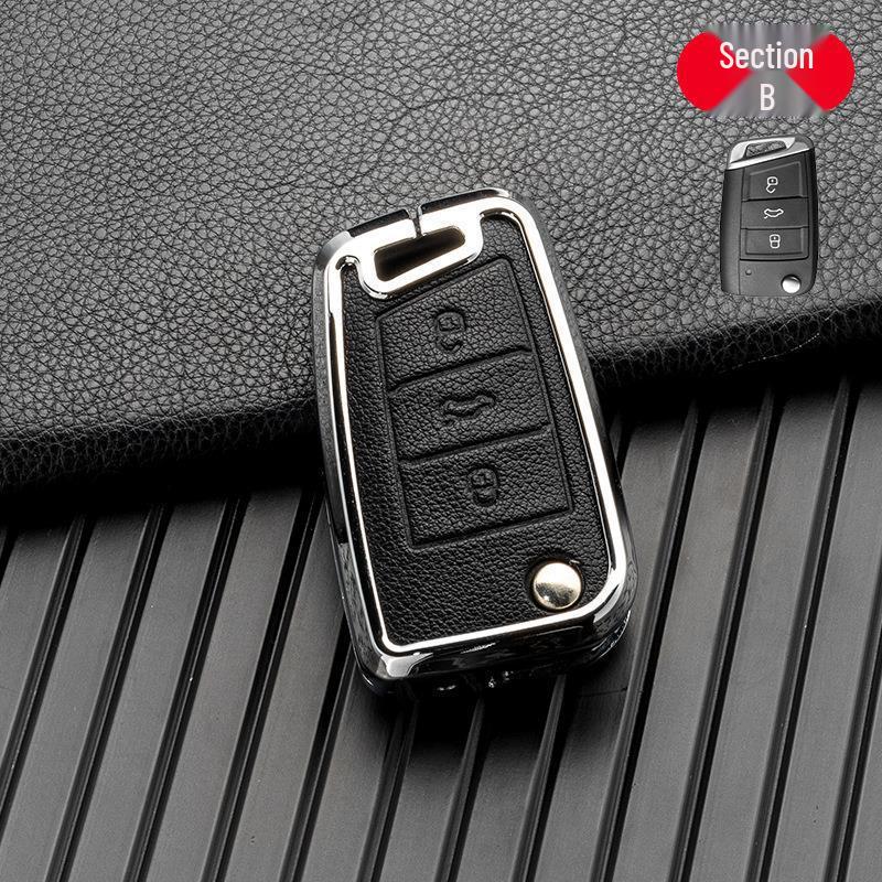 Volkswagen/Skoda Double-Sided Leather Zinc Alloy Car Key Case - Non-Signal Blocking, Full-Wrap Design