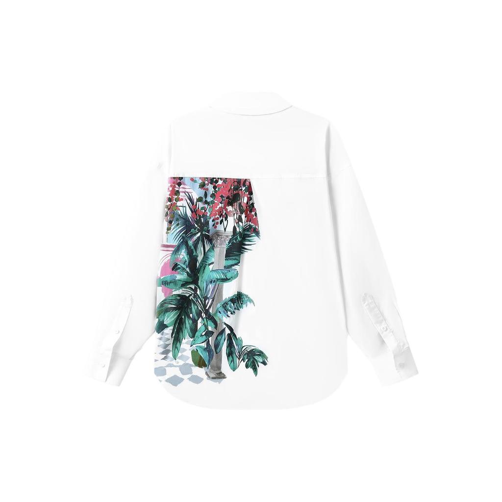 FILA Plant Print Fashion Casual Loose Woven Polo Long Sleeve Shirt Women shirts White F11W328401FWT