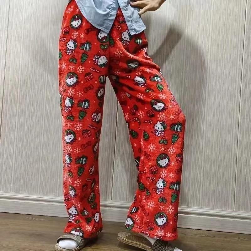 Halloween Kawaii Hello Kitty Flanellen Pyjamabroek Dames Winter Fleece gevoerd Warm Loungewear Trekkoord Joggingbroek