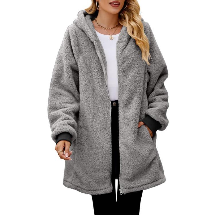 

Fashionable Women Plush Jacket Solid Color Hooded Coat Loose Fit Long Sleeve Pocket Zipper XXL