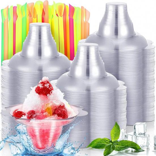 Rtteri 4 oz Snow Cone Cup with Straws Cute Reusable Flower Shaped Ice Cream Snacks Cup Reusable Plastic Cup Easy Hold Ice Bowl with Snow Cone Straws 50