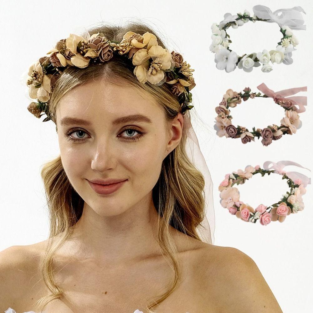 Romantic Seaside Jewelry Simulated Flower Wreath Headpieces Handmade Flower Hairband Lace Strap Bohemian Flower Crowns