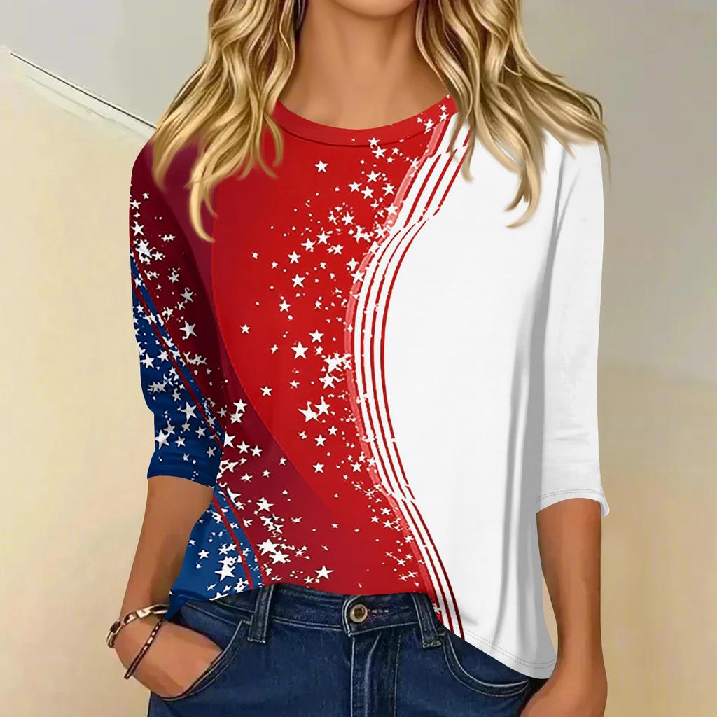 Women's fashionable casual round neck three-quarter sleeve Independence Day printed T-shirt top
