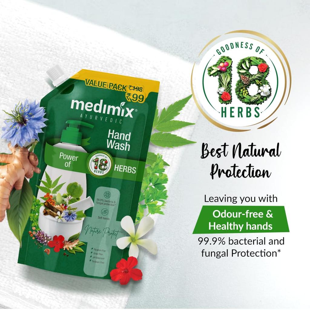 Medimix Ayurvedic 18 Herbs Hand Wash Refill 675ml | 99.9% Germ Protection | Natural Soap-Free Formula For Soft & Odour-Free Hands