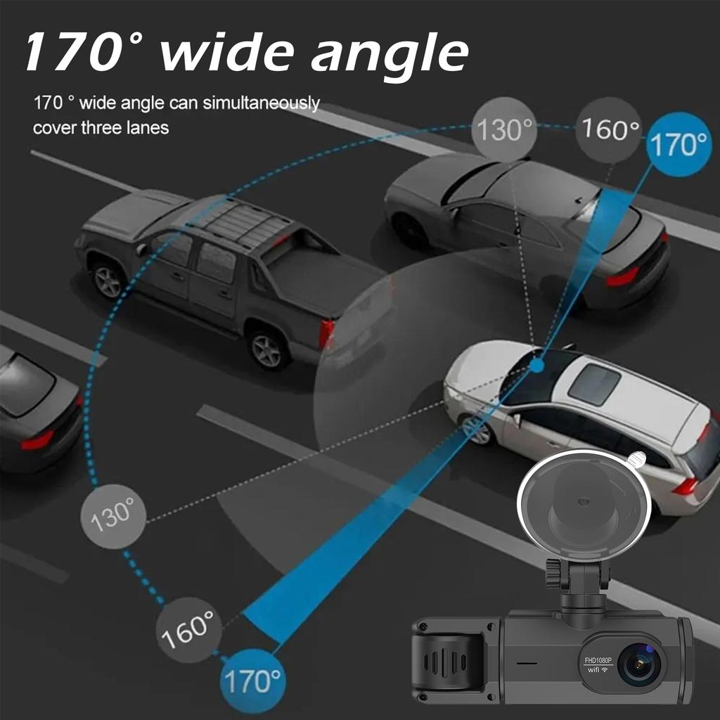 1080P WIFI Camera for cars, 3Channel Dash cam Front Inside and rear  car DVR with IR Night Vision Loop Recording Wide angle cam