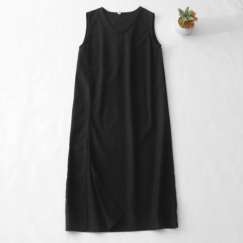 2025 summer new solid color cotton and linen split dress women's sleeveless simple V-neck over-the-knee vest skirt