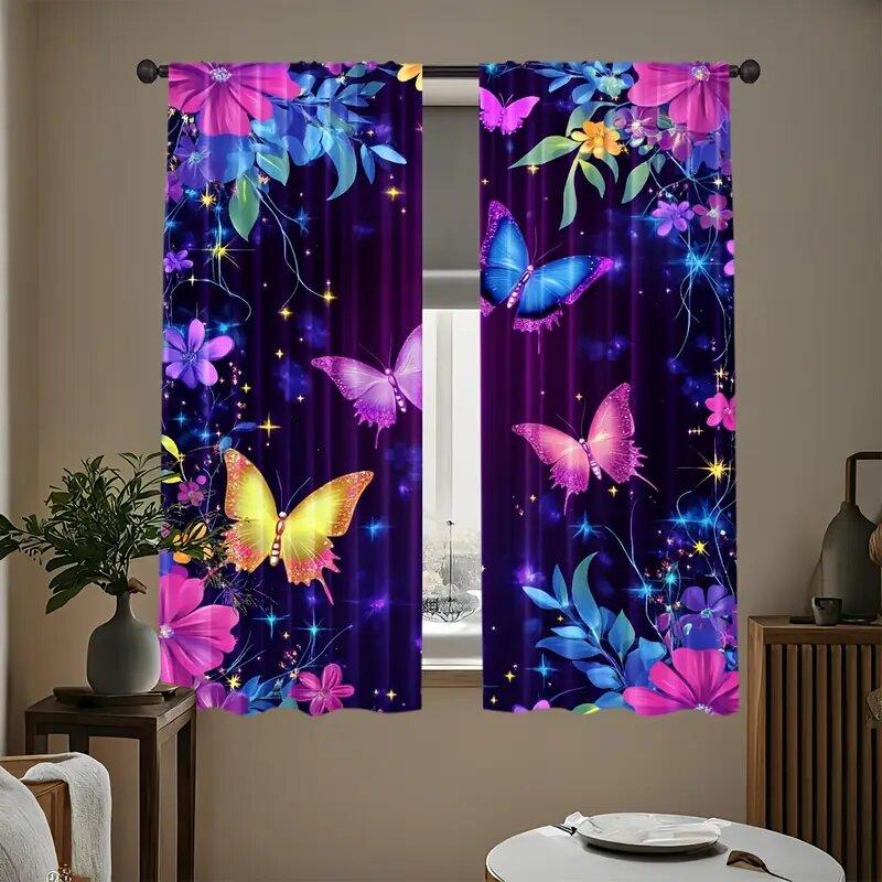 

Blue And Purple Butterfly Print Curtains, Pole Bag Curtains, 42*84, Bedroom And Living Room, Home Decoration, Room Decoration 14Wx39L(35x100CM)x2&Rod Pocket