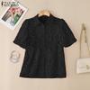 ZANZEA Women Turn Down Collar Short Sleeve Hollow Crochet Patchwork Blouse