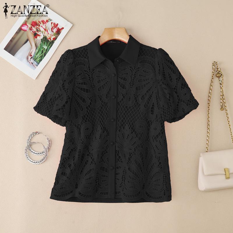 ZANZEA Bluză de damă cu guler polo, mâneci scurte, croșetată ajurată patchwork