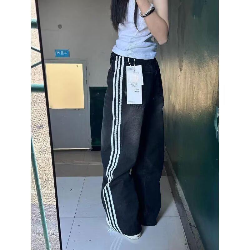 

Женские потертые джинсы в стиле ретро с широкими штанинами и тремя полосками Large черный серый