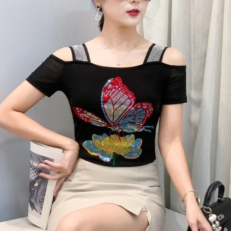 TrendHub Sexy Off Shoulder T Shirt for Women Luxury Flower Diamonds Short Sleeve Tee Summer Fashion Womens Mesh Tee Shirts Top