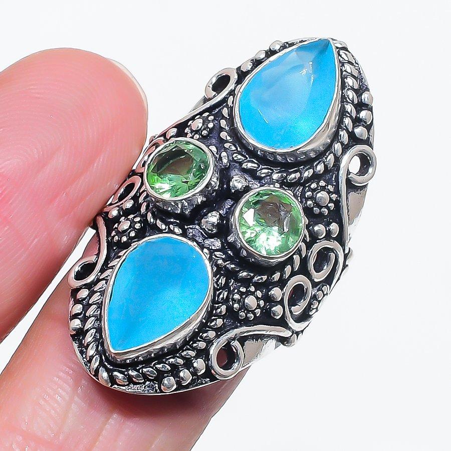 

Natural Blue Chalcedony, Tsavorite 925 Sterling Silver Jewelry Ring Size 8 M5K23