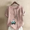 Women's New Fashion Linen Shirt Round Neck Short Sleeve Boy Printed T-shirt Summer Ladies Casual Plus Size Blouse Tops