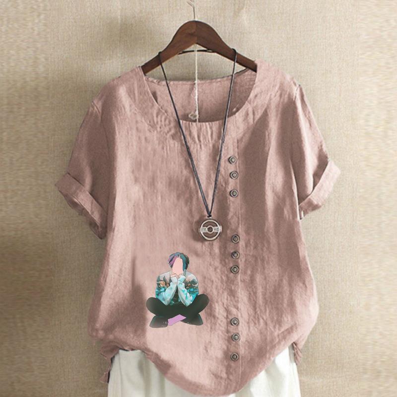 Women's New Fashion Linen Shirt Round Neck Short Sleeve Boy Printed T-shirt Summer Ladies Casual Plus Size Blouse Tops