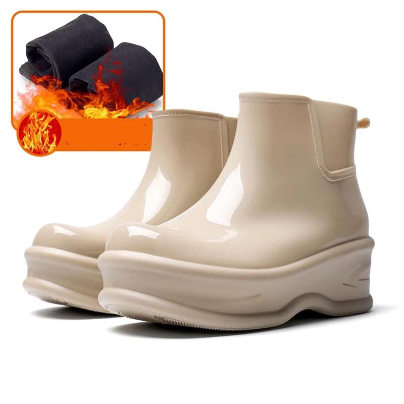 Women Glossy  Ankle Rain Boots Wedge Platform Thick Sole Waterproof Rubber Short Chelsea Style Rain Shoes