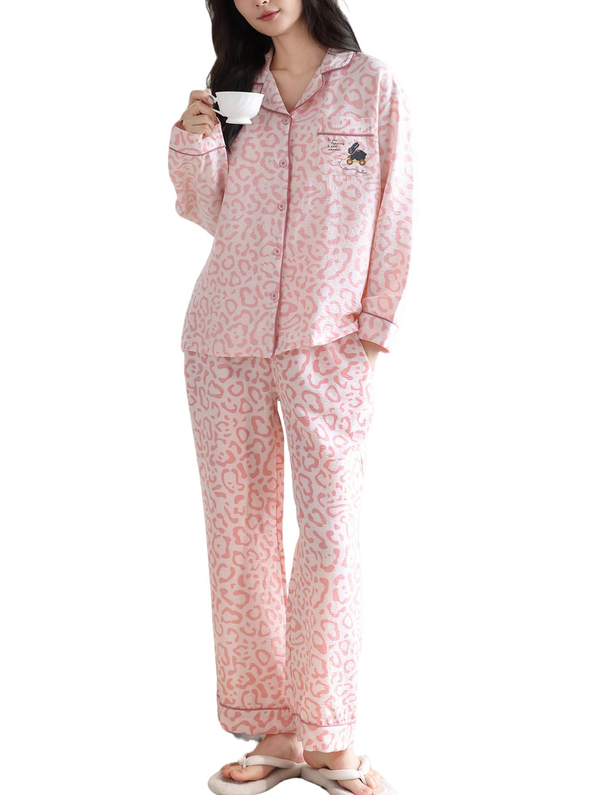 

Комплект пижамы PHOLEEY с длинной домашней одеждой для весны и милым узором, женский, из 2 предметов, бюстгальтер, полиэстер, с открытой передней частью, рукава, осень,