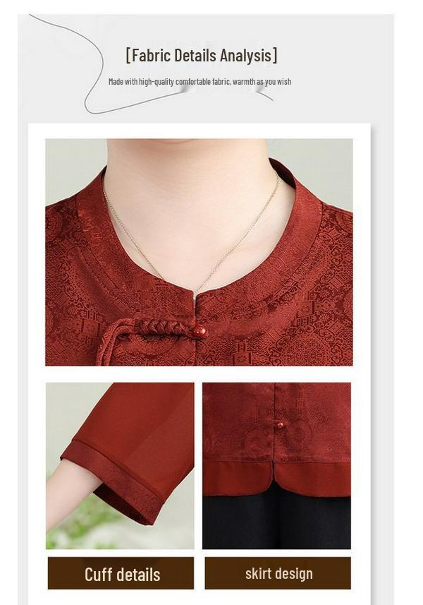 Chinese Style Plus Size Summer Set: 7-Sleeve Top & Wide-Leg Pants for Middle-Aged and Elderly Women