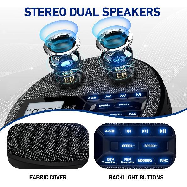 Wiederaufladbarer tragbarer CD-Player mit Dual-Lautsprechern und Anti-Skip, CD, Dual-Bluetooth, FM-Übertragung, USB, AUX, LCD-Display, beleuchtete Tasten, Wiederholung