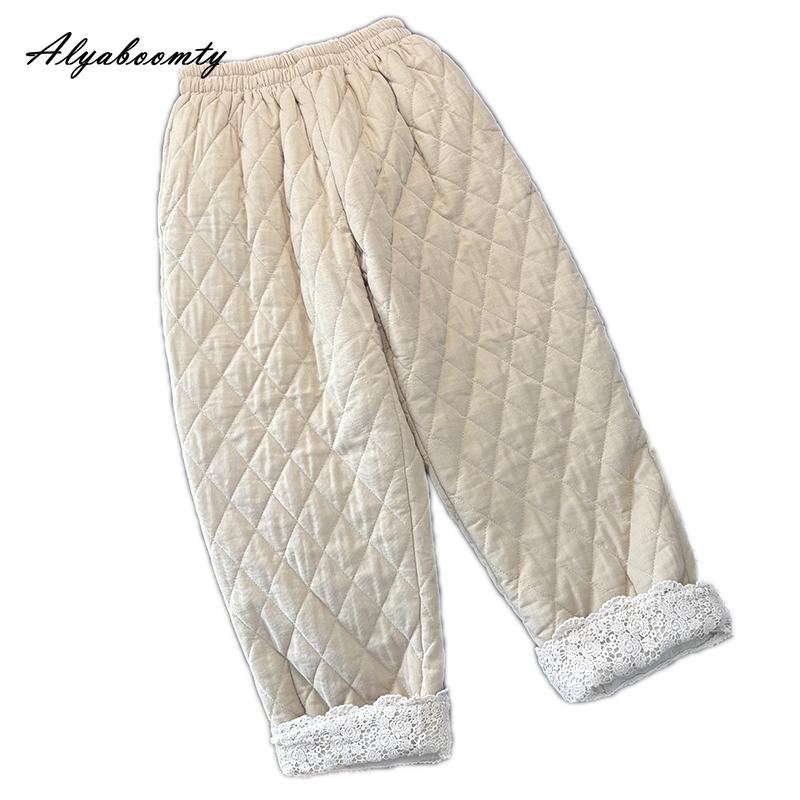 Plus Size Korean Fashion Autumn Winter Women Basic Pants High Waist Beige Brown Thick Warm Trousers Lace Patchwork Ladies' Harem Pants