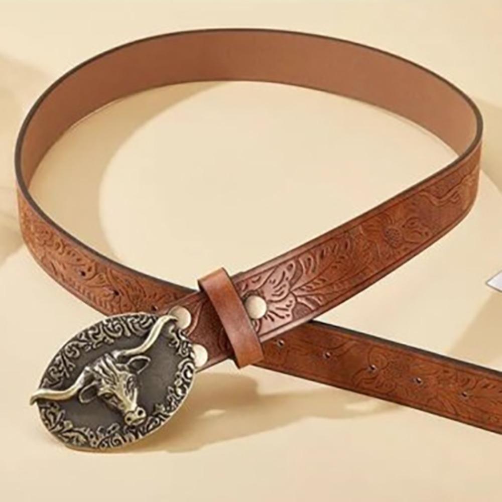 Floral Engraved Cowgirl Buckle Belt Vintage Longhorn Bull Belt Dress Decoration