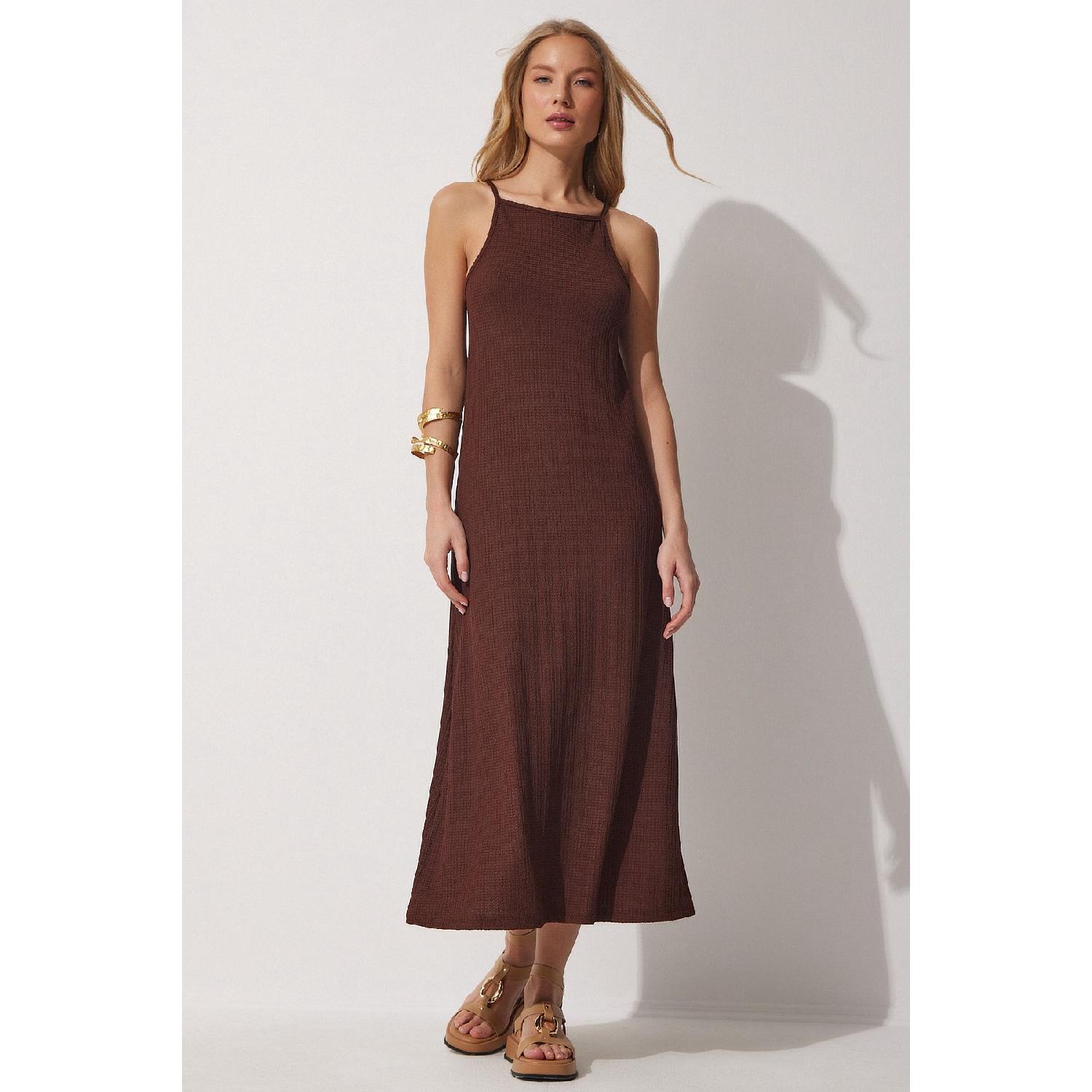 

Женское коричневое летнее длинное вязаное платье на бретелях Dz00078 36 розовый