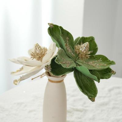 Artificial Poinsettia Flower Picks Velvet Glitter Magnolia Flower with Stem Christmas Tree Ornaments for Xmas New Year Party Wedding Holiday Decor