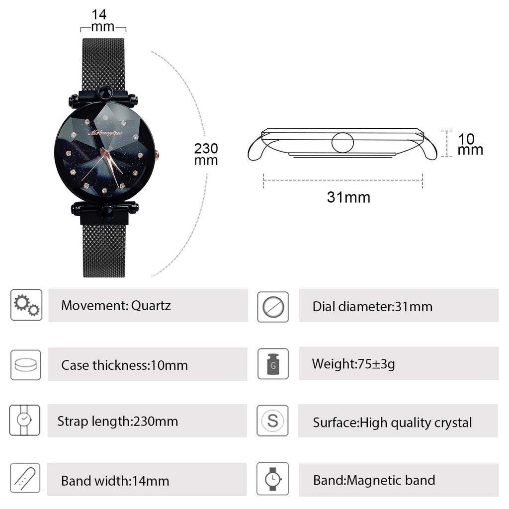 RORIOS Watch Magnetic Mesh Band Sparkling Crystal Starry Sky Stylish Fashion Quartz Watch for Women Analog Watch Black Women's