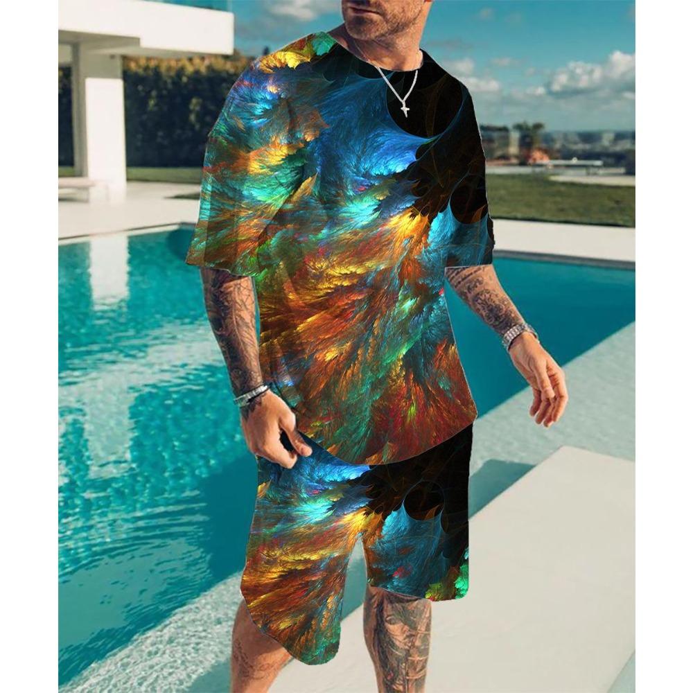 Summer Colorful Grid 3D Printed Short Sleeved Shorts Set Personalized Soft Comfortable Loose Breathable Plus Size Men's Sports Wear